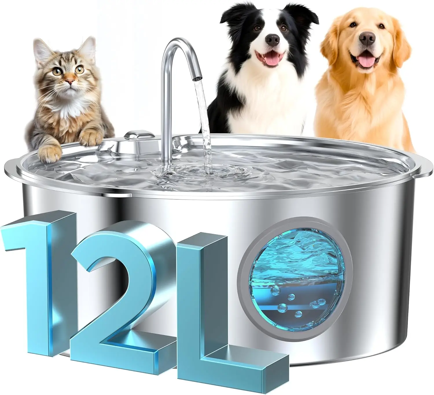 

Large Dog Water Fountain: Stainless Steel 12L Quiet Pet Drinking Bowl with Visual Water Level for Multi-Pet Homes