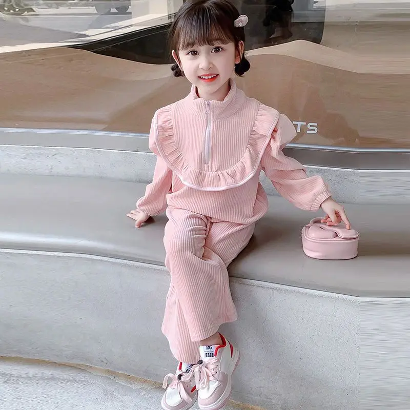 

2023 Autumn New 2 Pieces Sets Korean Tops Pants Solid Color Zipper Fashion All-match Casual Kids Boutique Clothing Baby Girls