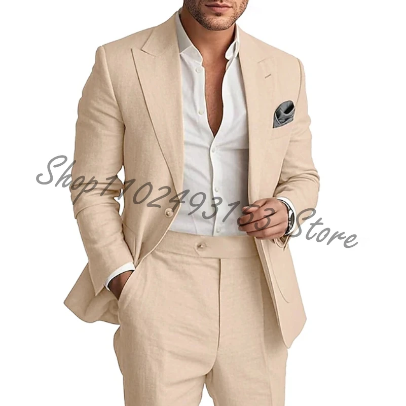 Men's 2-Piece Linen Suit Slim Fit Groomsmen Suits Casual Wedding Summer Beach Tuxedo Blazer Pants Linen Costume Homme Mariage