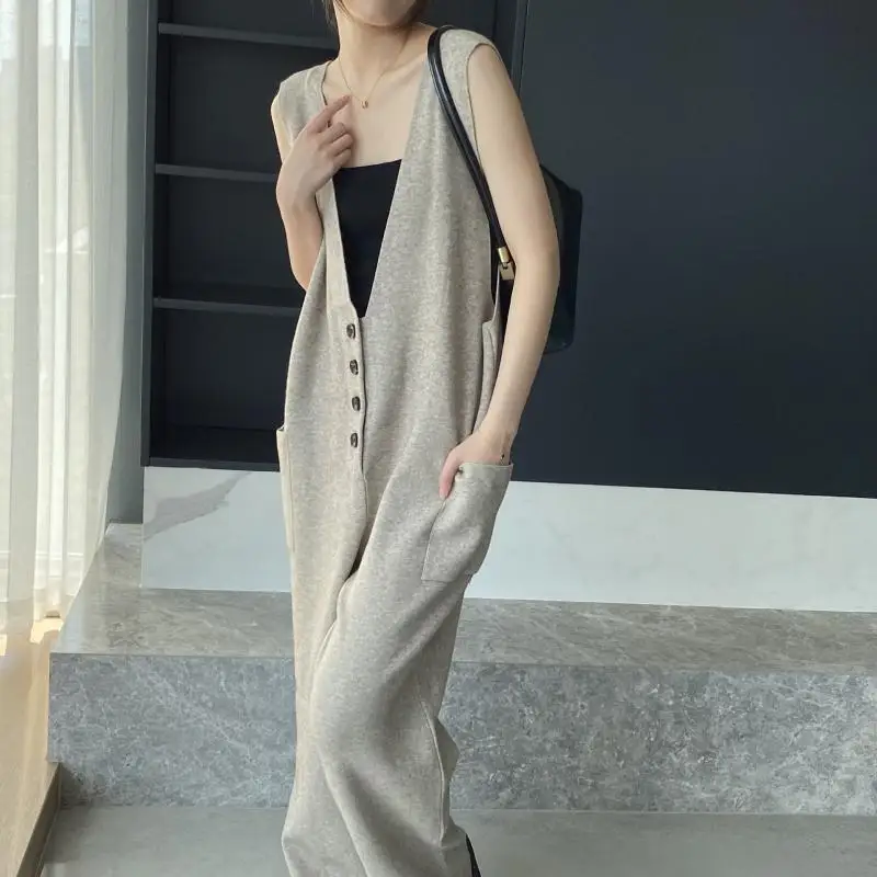 YUERWANG Women Jumpsuit 2025 Spring Fashion All Match Deep V Neck Sleeveless Single Breasted Solid Loose Casual Long Jumpsuits