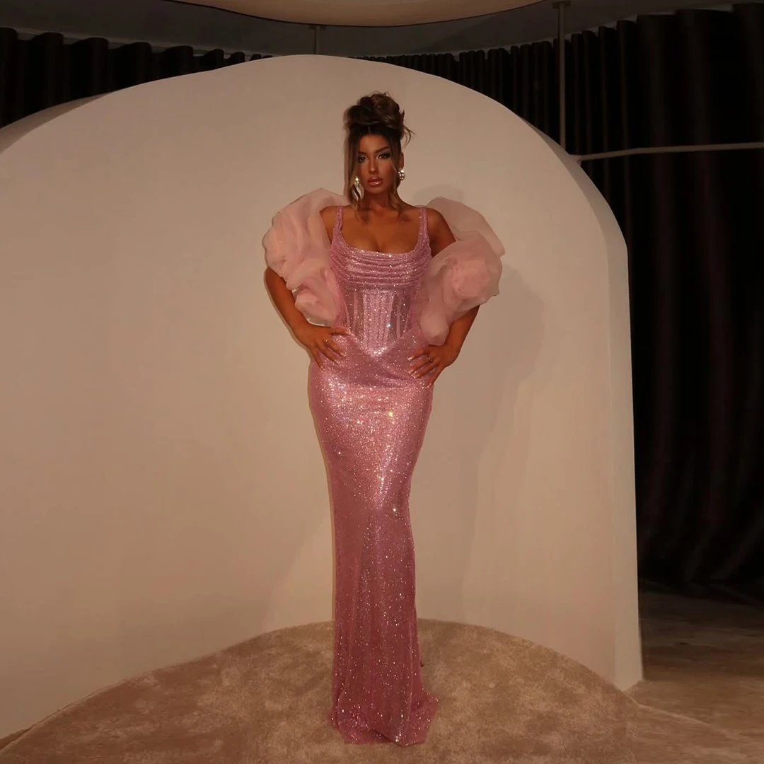 

Блестящие розовые блестки Русалка от кутюр платья женские квадратный воротник на тонких бретельках праздничное платье знаменитостей с шалью с рюшами