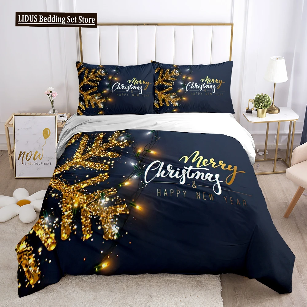 Christmas Duvet Cover Set Gold Snow Flower Merry Christmas Celebrate Comforter Cover King For Kid Boy Girl Polyester Bedding Set