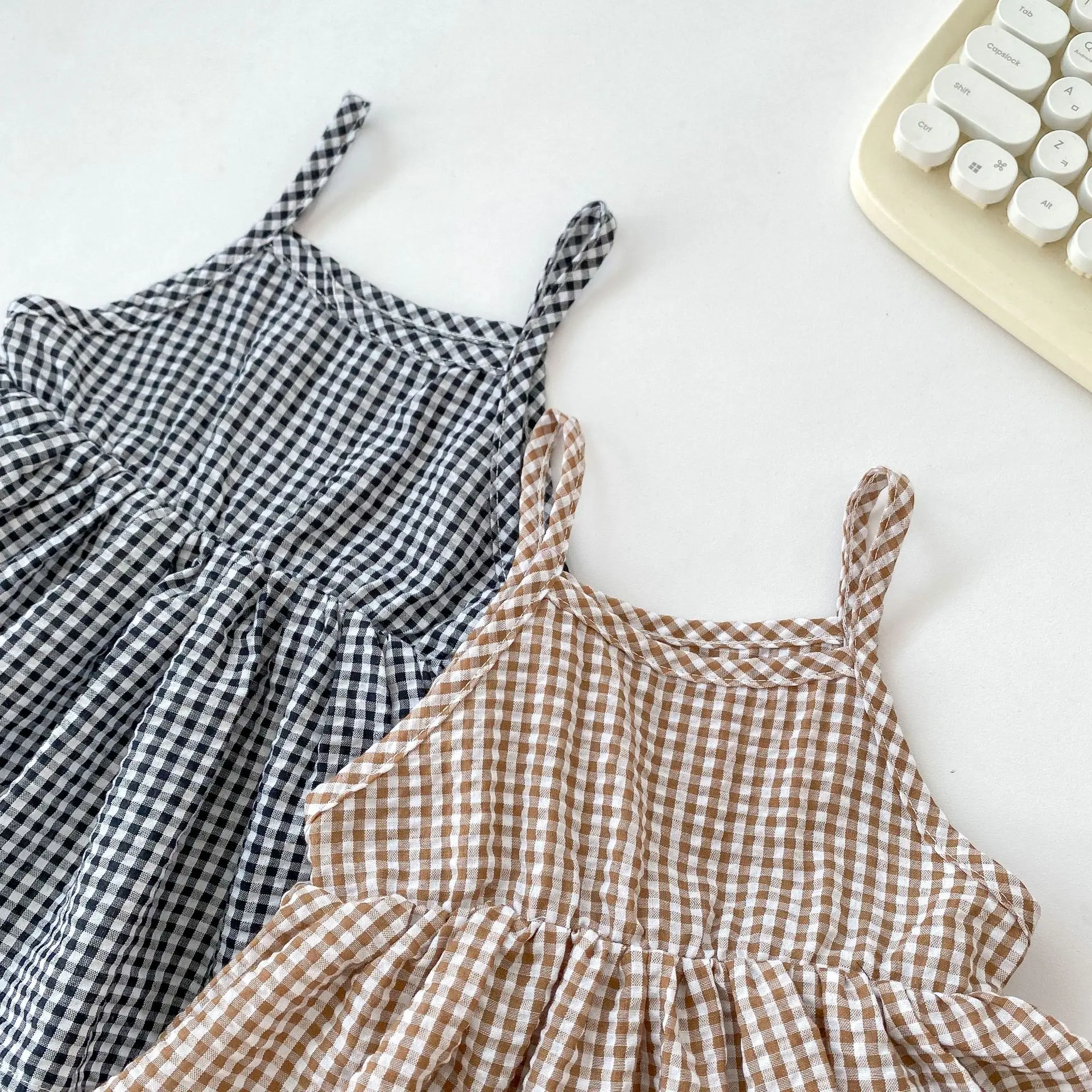 Baby Clothes Cute Thin Comfortable Simple Rompers 2024 New Summer Korean Style Baby Girls Fashion Casual Plaid Slip Dress