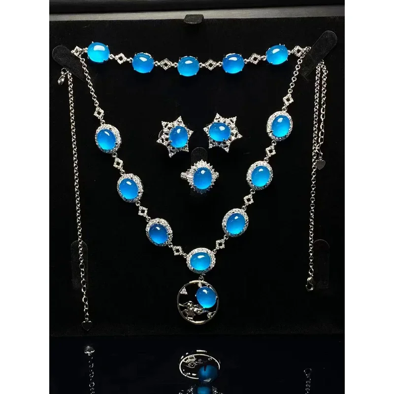 New High-end Ice Seed Jade Pendant Necklace Earrings Ring Bracelet Luxury Inlaid gemstone Four-piece Set Fine Jewelry