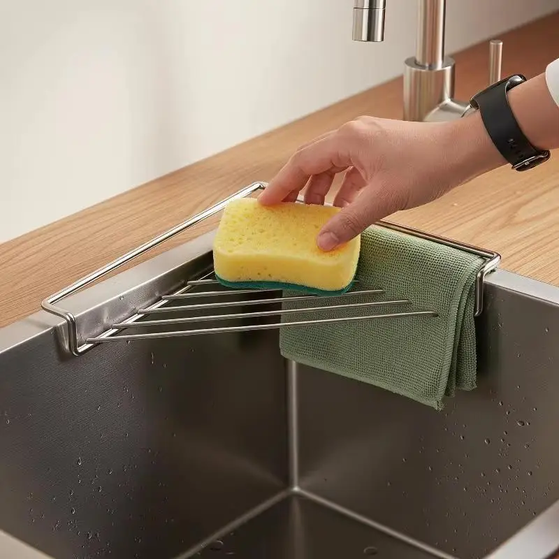 portableStainless Steel Sink Caddy Triangle Corner Organizer Non-Slip Storage Rack for Sponge Dish Cloth Kitchen Washing Area