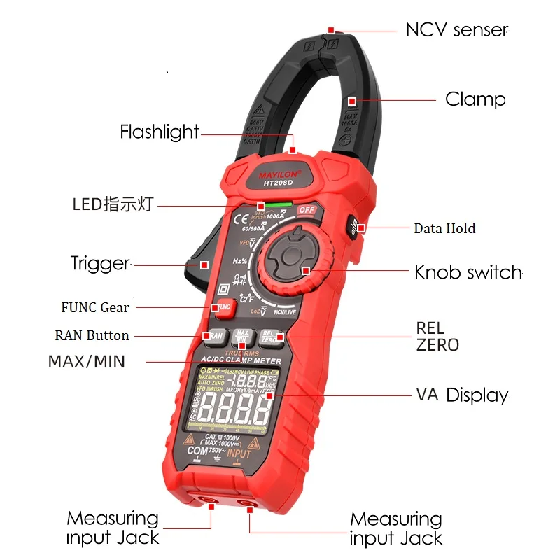 Imagem -04 - Mayilon Ht208d Ht208a 1000a Digital Braçadeira Multímetro ac dc Verdadeiro Rms Atual Voltímetro Ncv Voltímetro Amperímetro hz Continuidade
