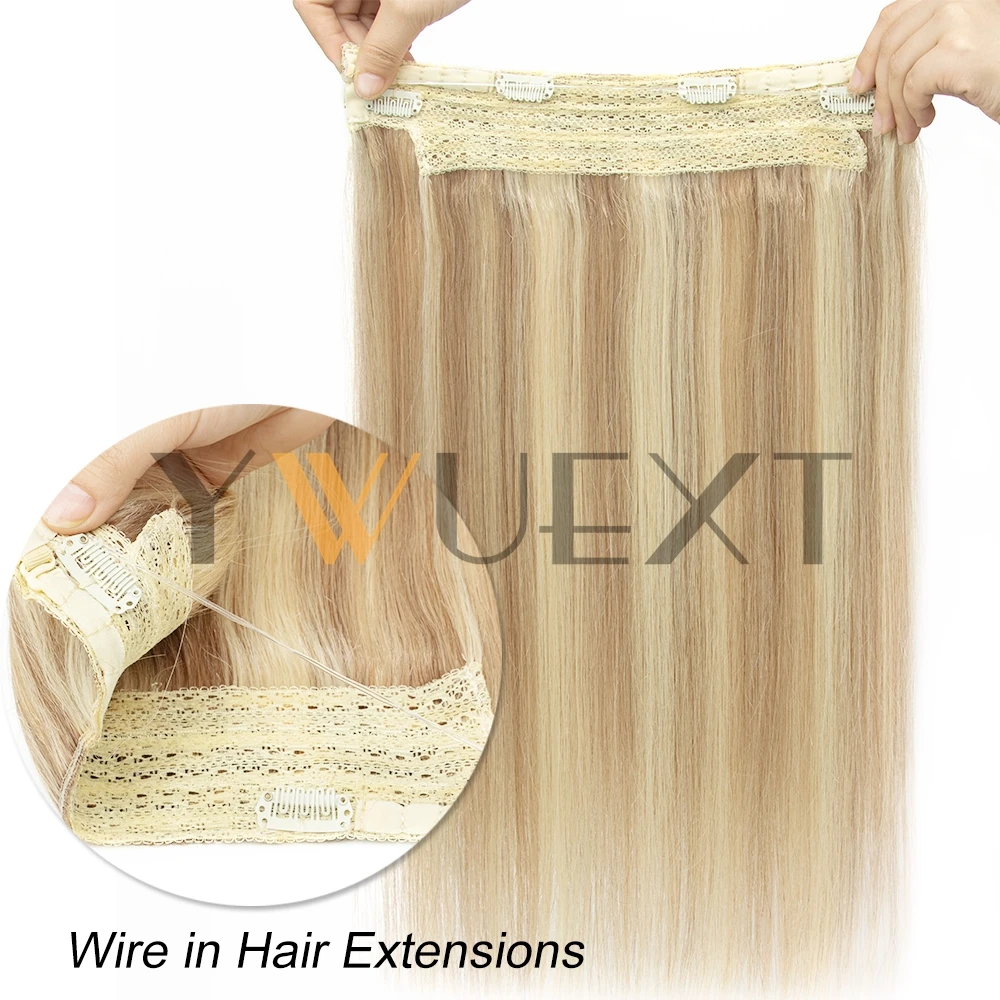 Extensiones de cabello humano con Clip de una pieza con alambre de pescado ajustable, extensiones de cabello Halo de 12-22 pulgadas, ins abatibles para mujeres de 60-100g
