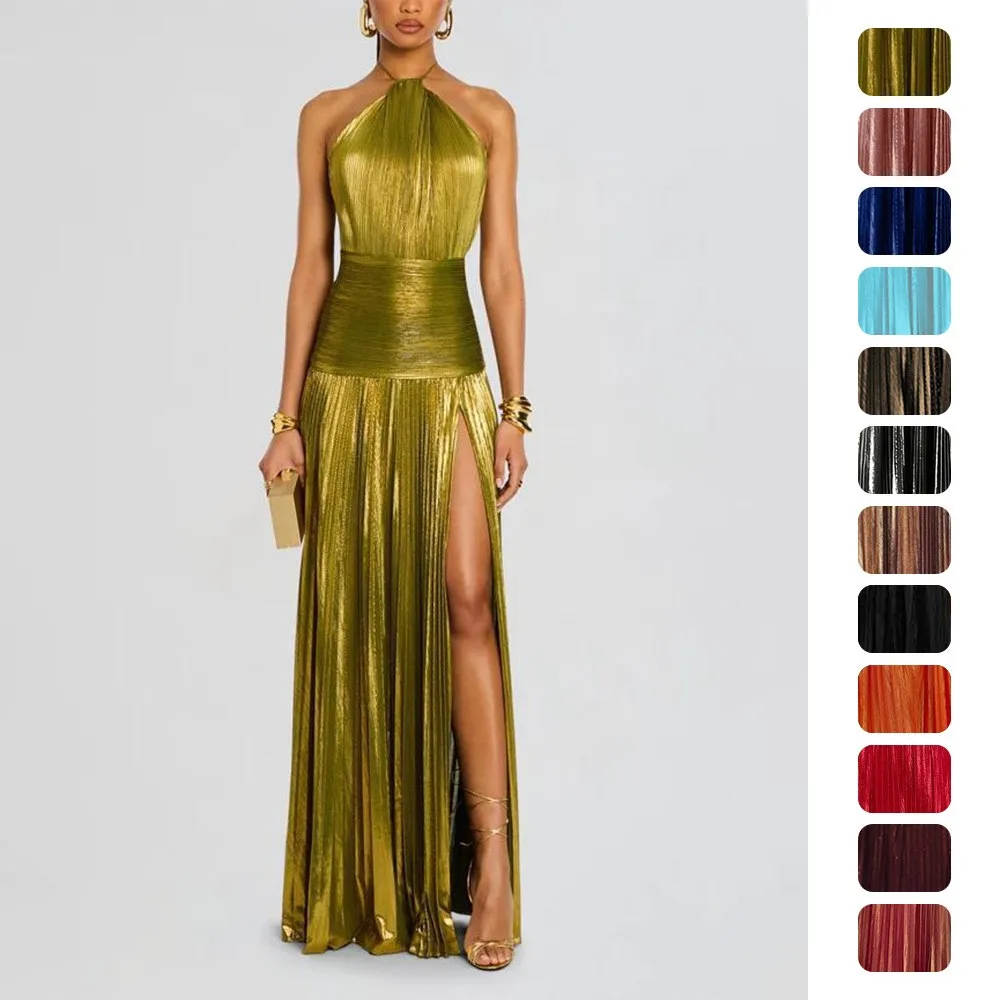 Women's Sleeveless Metallic Pleated Halter Neck Backless Slit Long Dress for Wedding Guest Elegant Party Prom Date Night