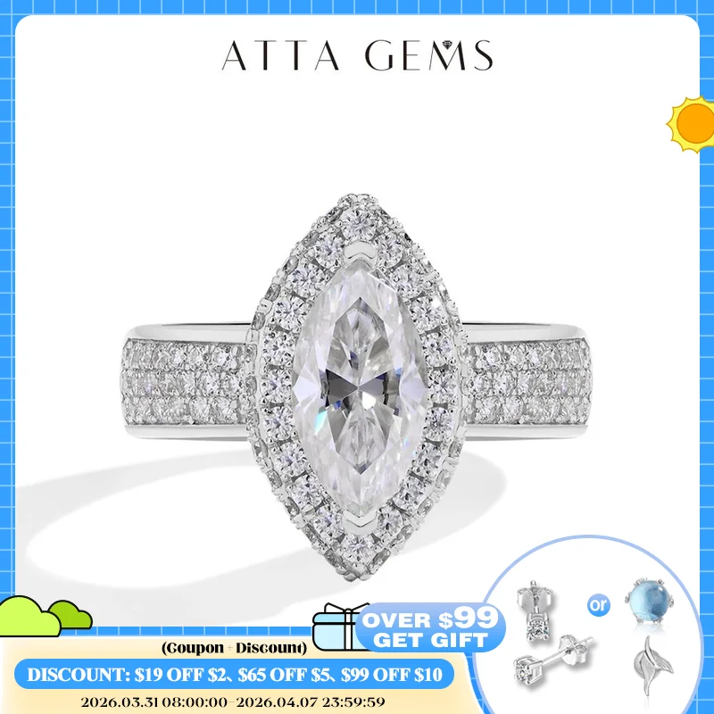 

ATTAGEMS Marquise 2CT Moissanite Rings for Women 12*6mm D Color Diamond Real 925 Sterling Silver Luxury Anniversary Jewelry Gift