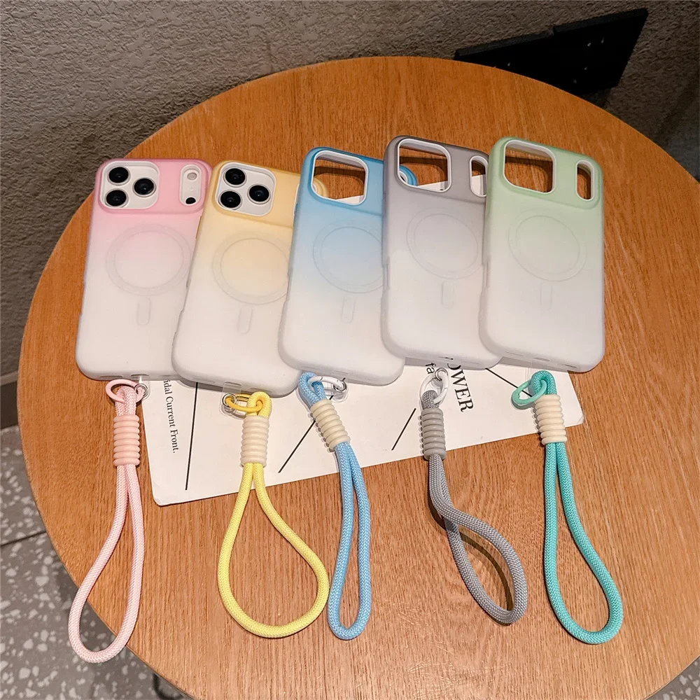 Funda protectora magnética para teléfono Magsafe, funda a prueba de golpes con correa de mano de Color degradado para iPhone 17 Air 16 15 14 13 12 Pro Max