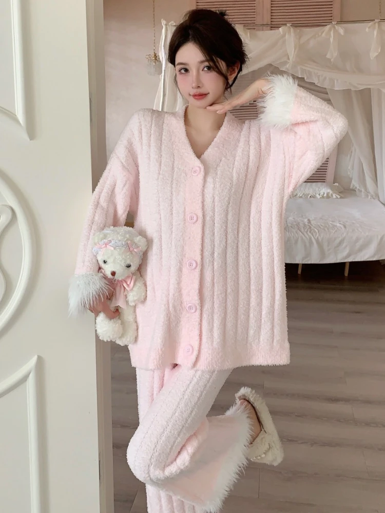 Coral Velvet Thicken Pajamas Suit Women\'s Autumn Winter New Imitation Ostrich Wool Soft Cardigan+Pants Outside Wear Home Clothes