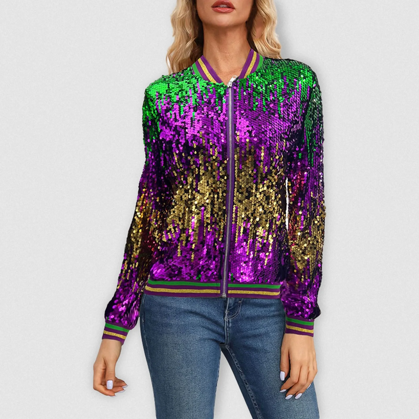 Women'S Long Sleeve Zipper Shiny Sparkly Bomber Jackets Cardigan Mardi Gras Color Block Sequin Spring And Autumn Baseball Jacket