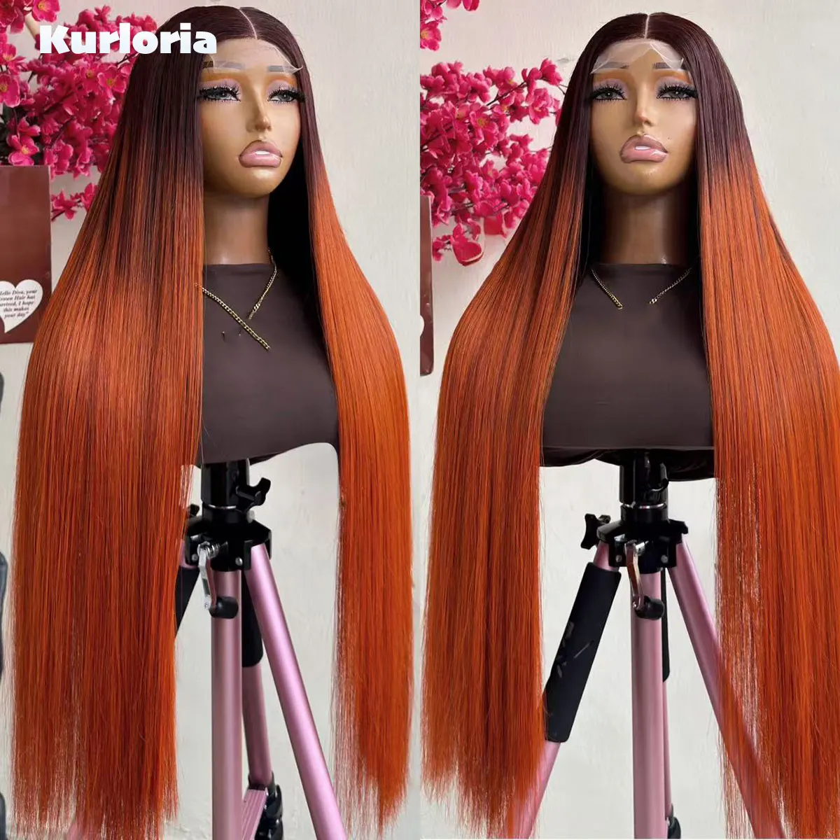 400 Density Sleek Silky Straight 13x4 13x6 HD Lace Front Wig Ombre Orange 100% Human Hair Glueless Wear and Go Wig Pre-plucked
