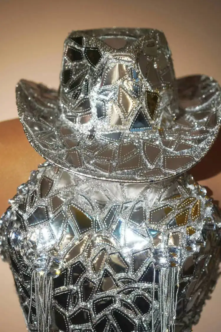 Shina-body con espejos plateados y diamantes de imitación para mujer, traje de baile en barra con Espalda descubierta, disfraz de DragQueen,