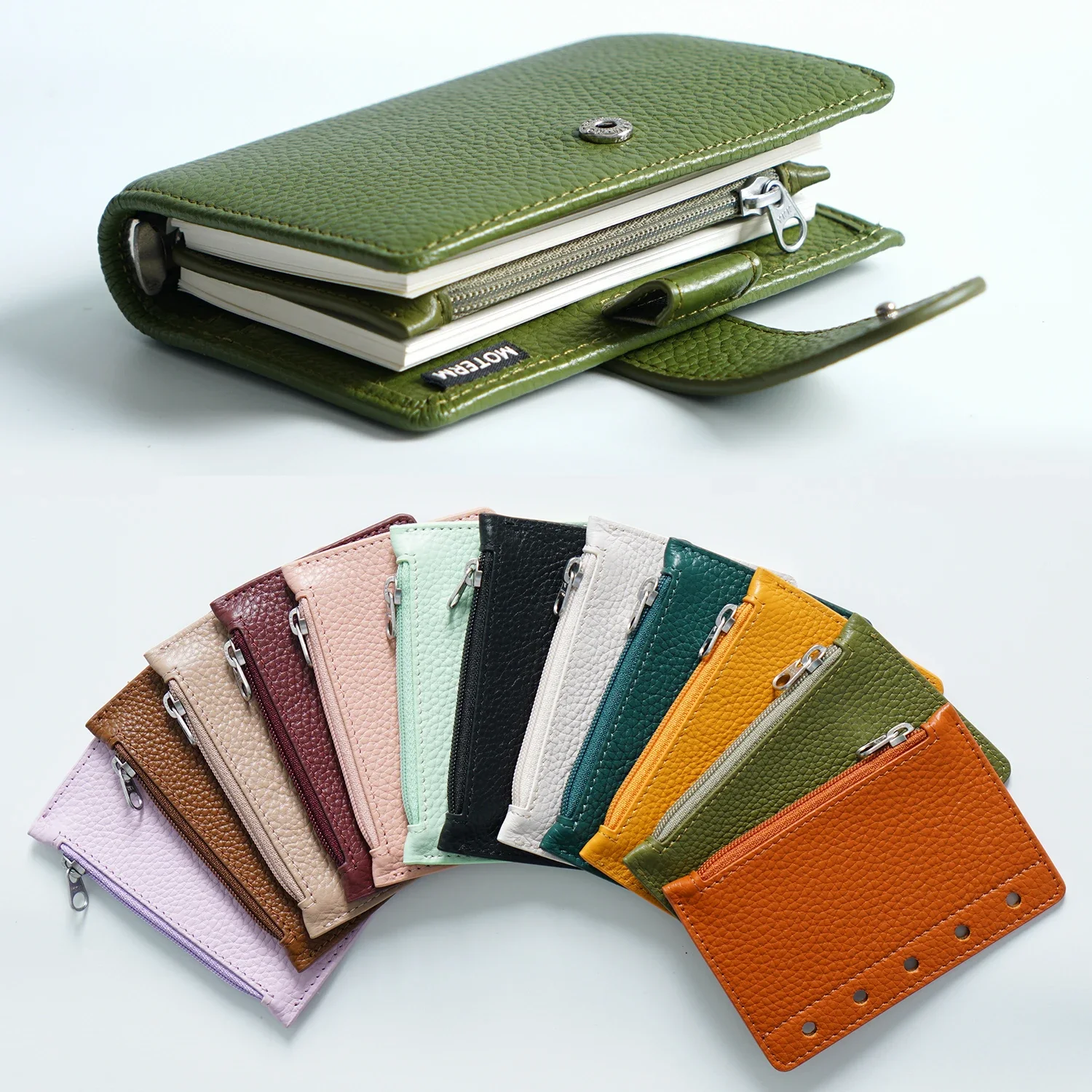 Moterm Zipper Flyleaf for A8 Size Ring Planner Genuine Pebbled Grain Leather Divider Coin Storage Bag Notebook Accessory