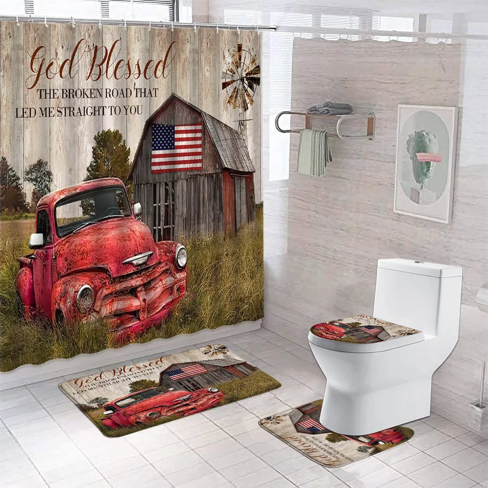 

Set of Farm Barn Bathroom Shower Curtain and Rug Brown Barn Wooden Panels Vintage Rustic Farmhouse Forest Animal Bathroom Decor