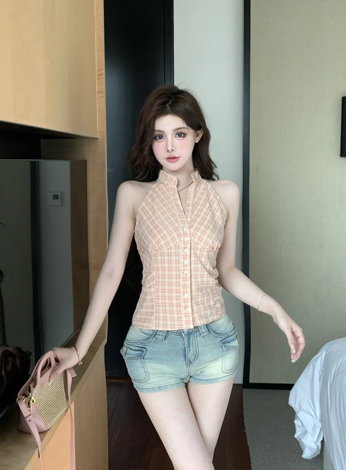 Shirt Sleeveless Plaid Lapel Summer Pleated Slim Fit Design Hot Girl Top Version Niche Pure Desire Korean Women Summer