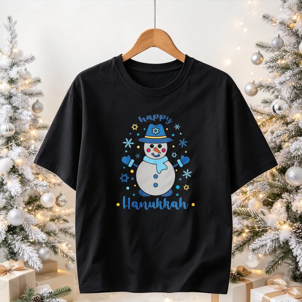 Happy Hanukkah Snowman Star of David Snowflake Blue Scarf Hat Print Casual Tops Cute Jewish Holiday Winter Streetwear T-Shirt
