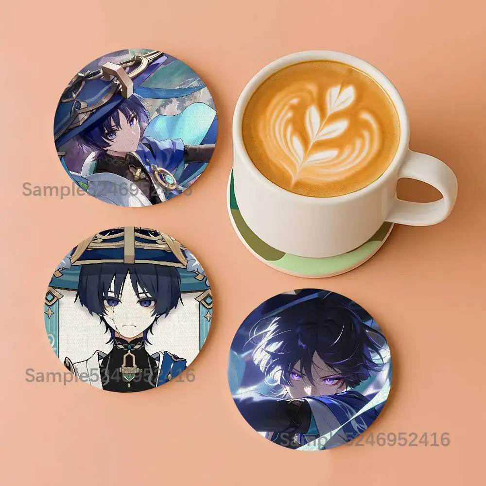 

S-Scaramouche Genshin Impact Pattern Art Coasters Round Wooden Heat Resistant Non-Slip Home Decor Gift Multifunctional