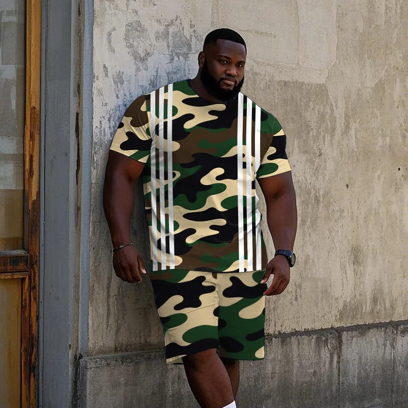 Men's Plus Size Camo T-Shirt and Shorts Set, Stripe or Checkerboard Print, 2 Piece Short Sleeve Crew Neck, Summer Wear, S-9XL