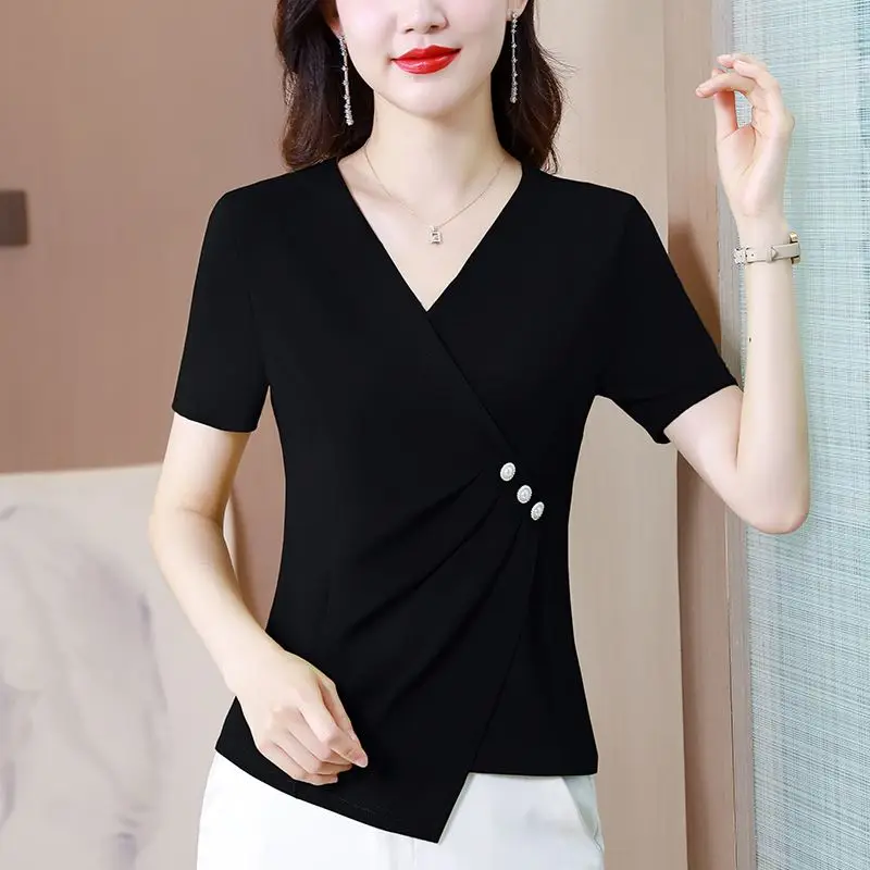 Summer Korean Fashion Simple Asymmetrical Versatile Short Sleeve T-shirt Women Solid Cross V-neck Beading Office Lady Cotton Top