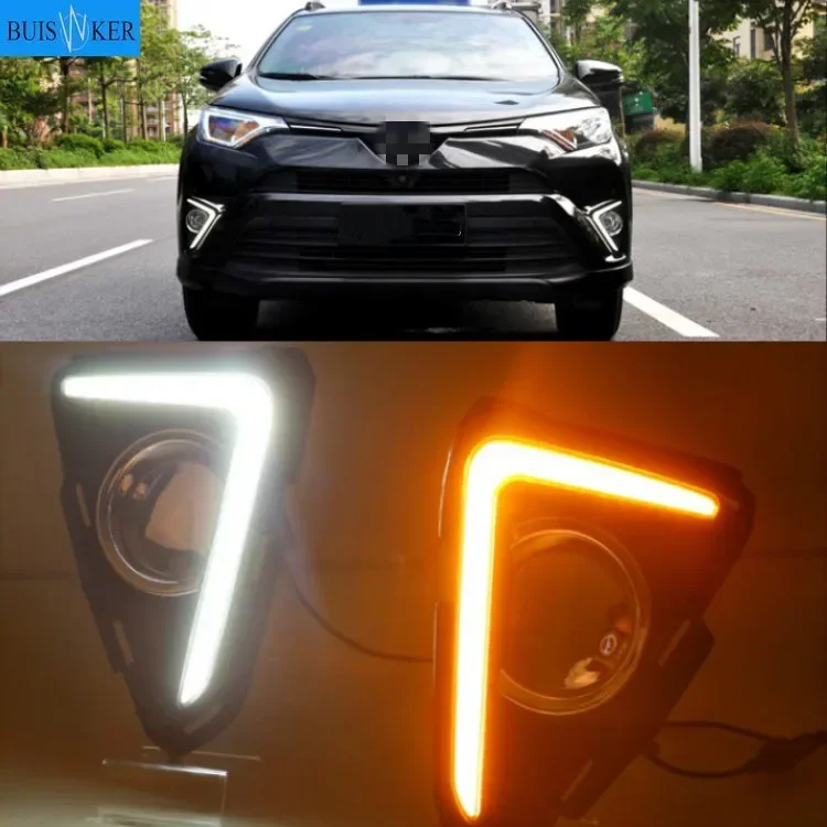 

1 комплект 12V, АБС-пластик, Автомобильный светодиодный DRL Дневной Бег светильник светодиодный противотуманный фонарь с Бег желтый сигнал для toyota RAV4 2016 2017 2018