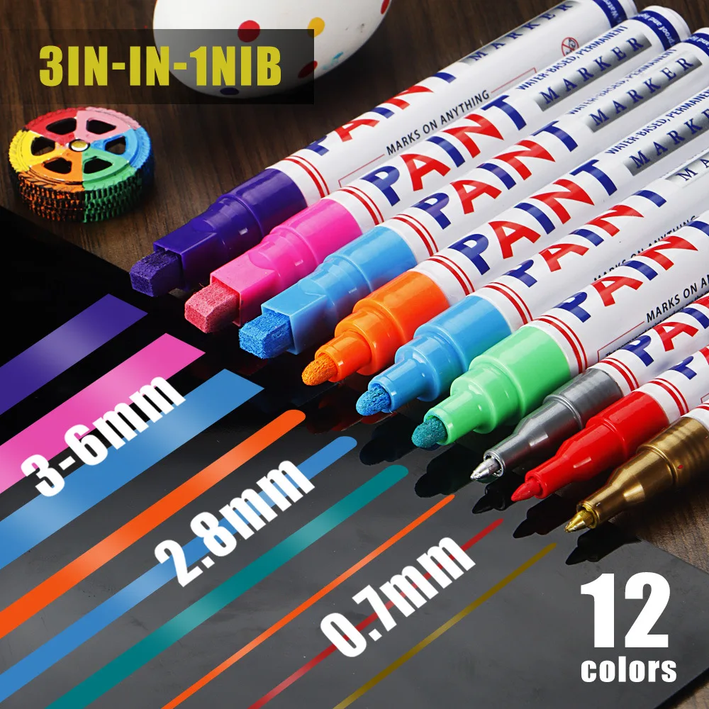 

12Pcs 6/2.8/0.7MM Acrylic Paint Pens Permanent Markers for Rock Painting Glass Ceramic Fabric Wood Metal Brush Tip Art Supplies