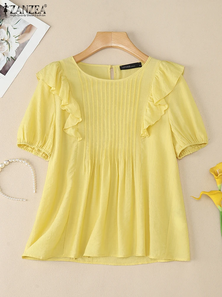 

Летняя офисная блузка ZANZEA, элегантная рубашка с рюшами, женские однотонные плиссированные топы с короткими рукавами, повседневные свободные блузки, стильные рабочие рубашки
