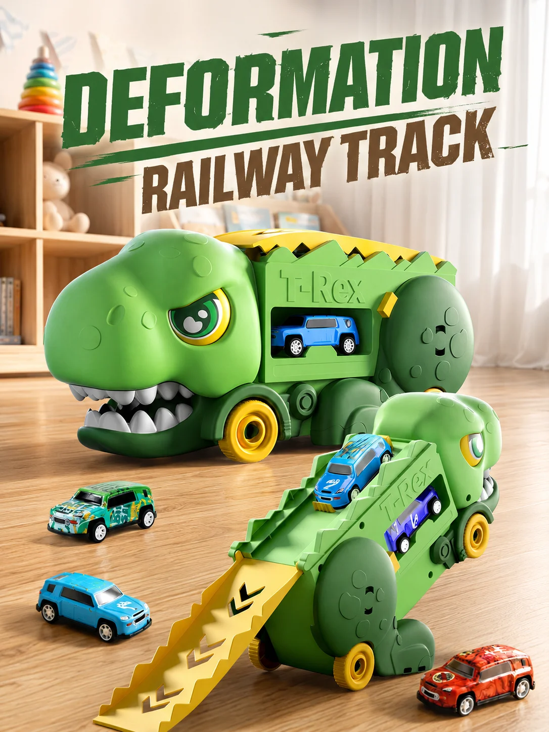 2-in-1 T-Rex Transforming Toy Car, Dinosaur Storage and Track Set, Comes with 4 Mini Cars, Gravity-Powered, Kids' Birthday Gift