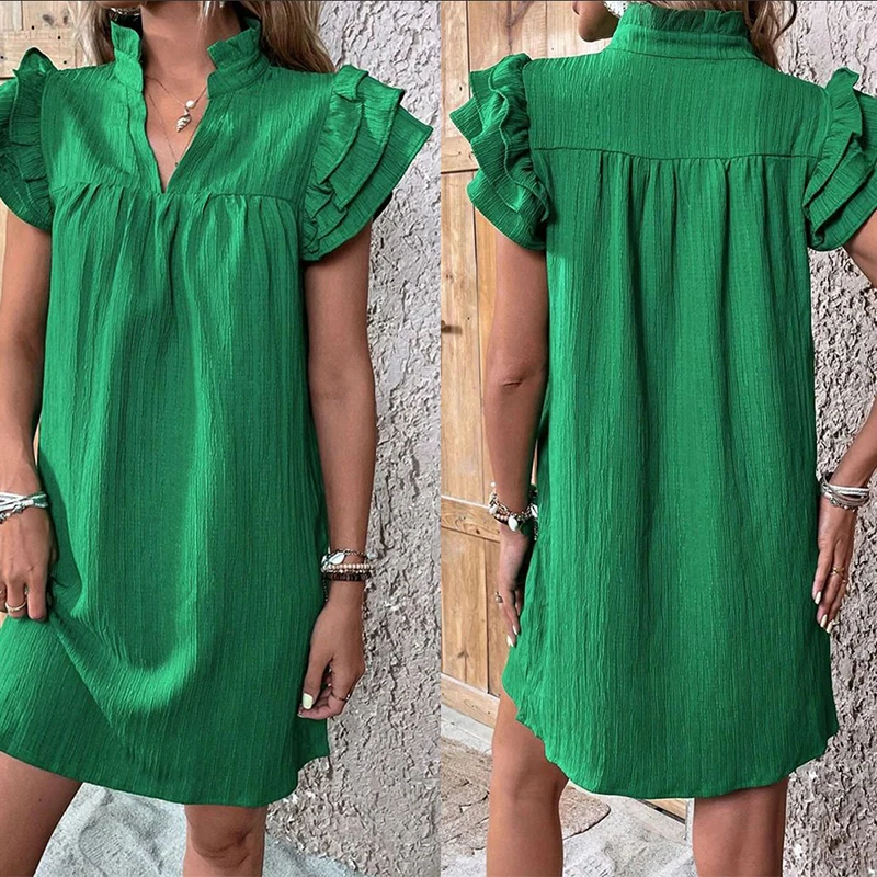 Sólido feminino verão mini vestido moda multi camadas plissado manga com decote em v vestido de verão pulôver verde sólido vestidos curtos