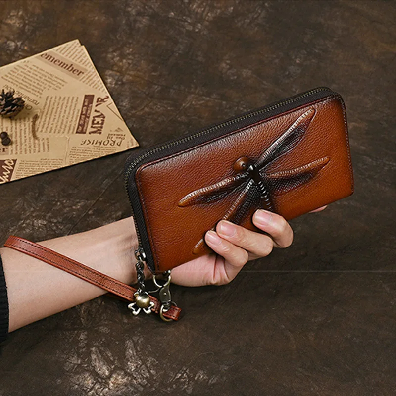 

Dragonfly Pattern Genuine Cow Leather Clutch Pouch Bags Multi Cards Tickets Organizer Cash Holder Chic Trendy Vintage Wallets