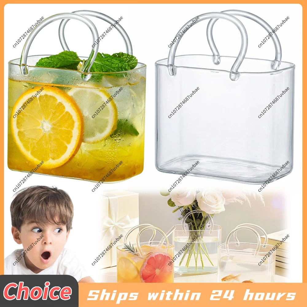 Handbag Shape Glass Cup Wine Cup with Glass Straw Fish Tank Vase Handbag Shape Decorative Flower Vases for Juice Tea Cocktails