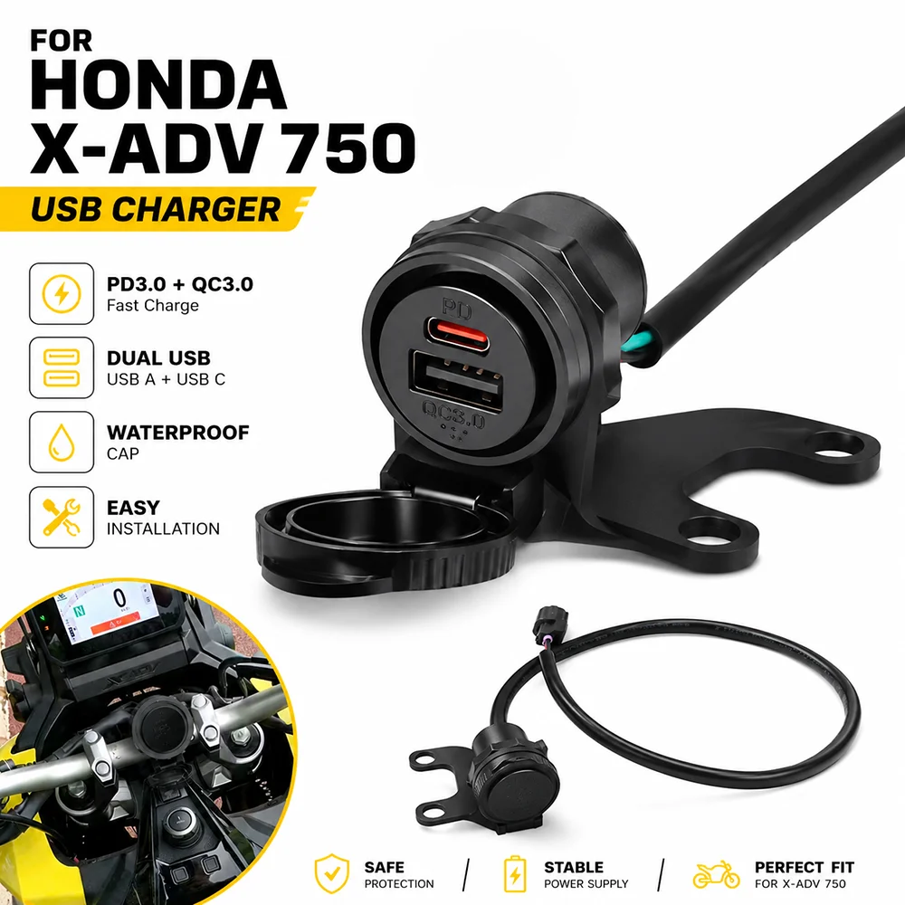 For Honda X-ADV 750 2025-2026 XADV750 25-26 Motorcycle USB Charger, USB-C + USB-A Fast Charging Waterproof Power Adapter Socket
