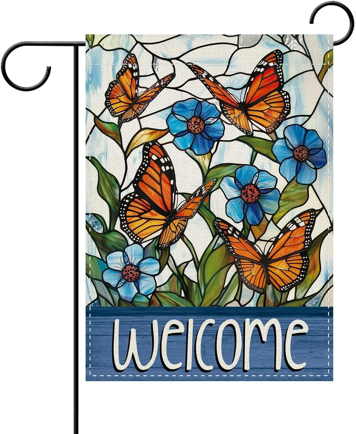 Dyrenson Welcome Stained Glass Butterfly Floral Decorative Garden Flag, Spring Summer Flower Yard Outside Home Decoration, B ZZM
