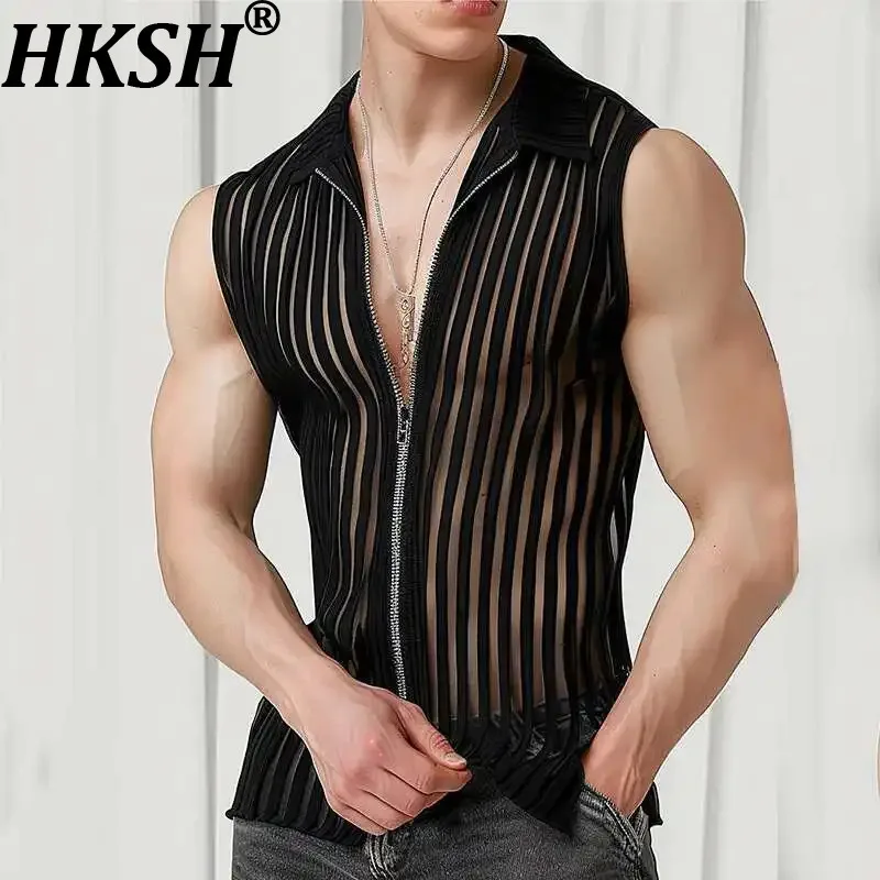 HKSH Spring Summer New Men's Dark Tide Casual Stripe Zipper Sleeveless Flip Collar Tank Tops Versatile Punk Fashion Vest HK1774