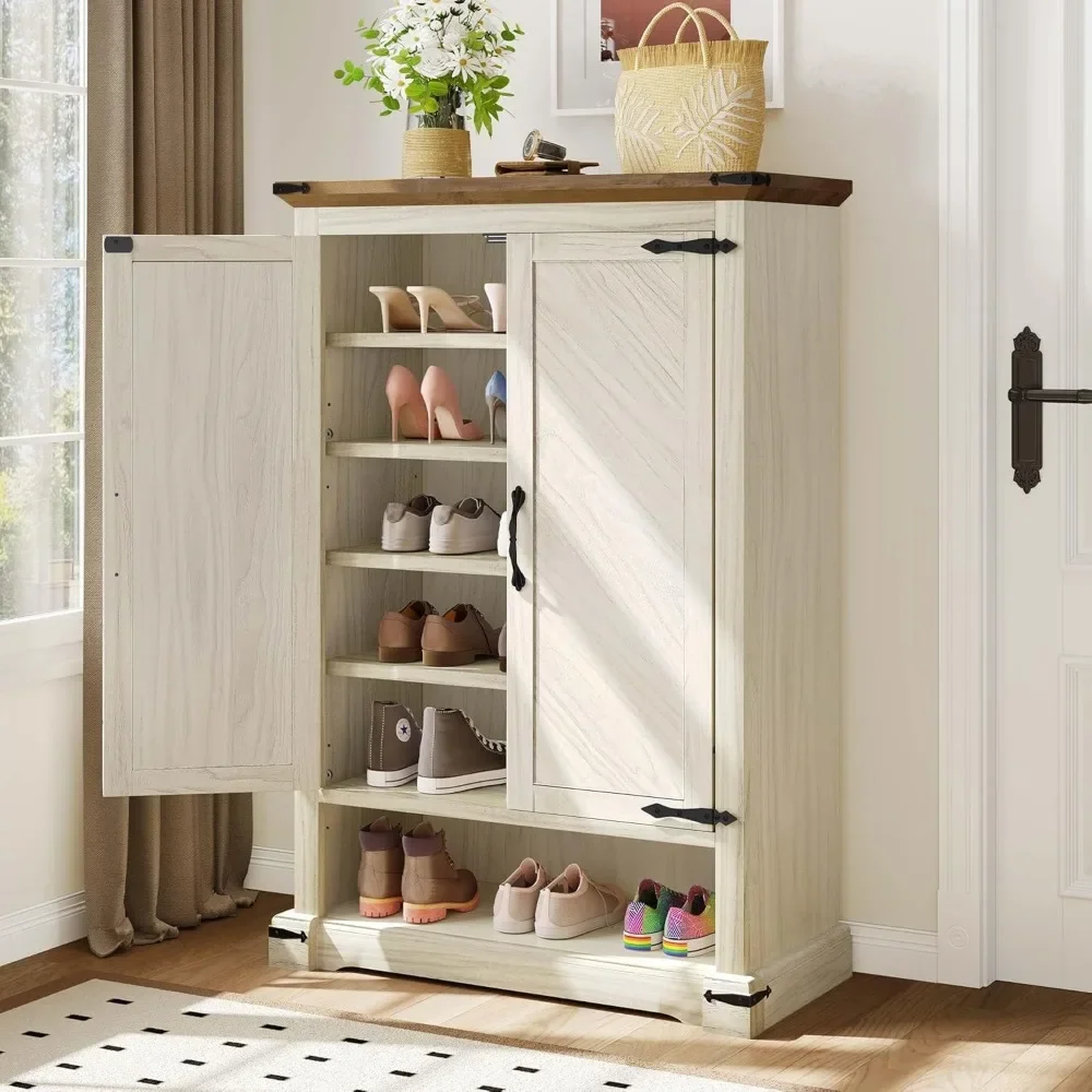 Farmhouse Shoe Cabinet with Doors, 6-Tier Shoe Rack Storage with Adjustable Shelves, Wooden Shoe Organizer for Entryway