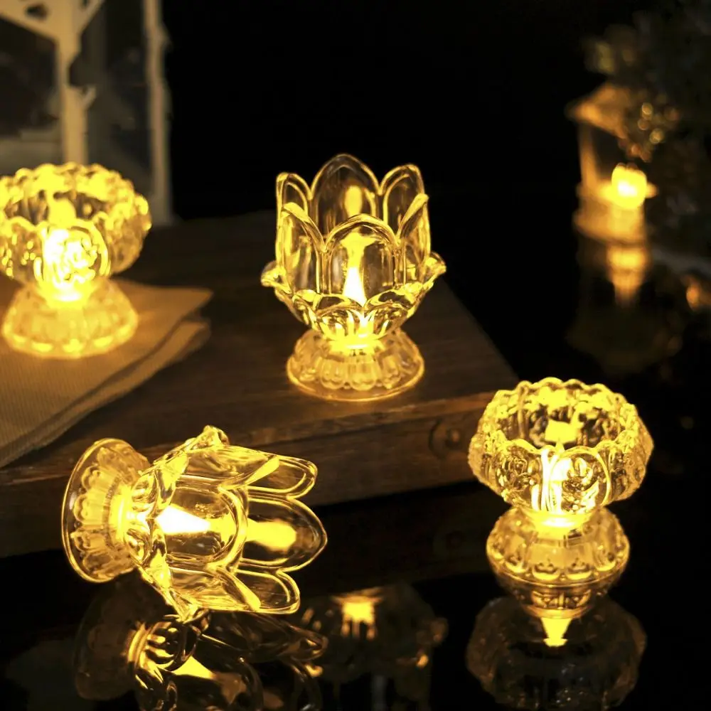 2Pcs LED Lotus Candle Lamp High-legged Transparent Electronic Lamp Warm Yellow Light High Quality Temple Candle Light Decoration