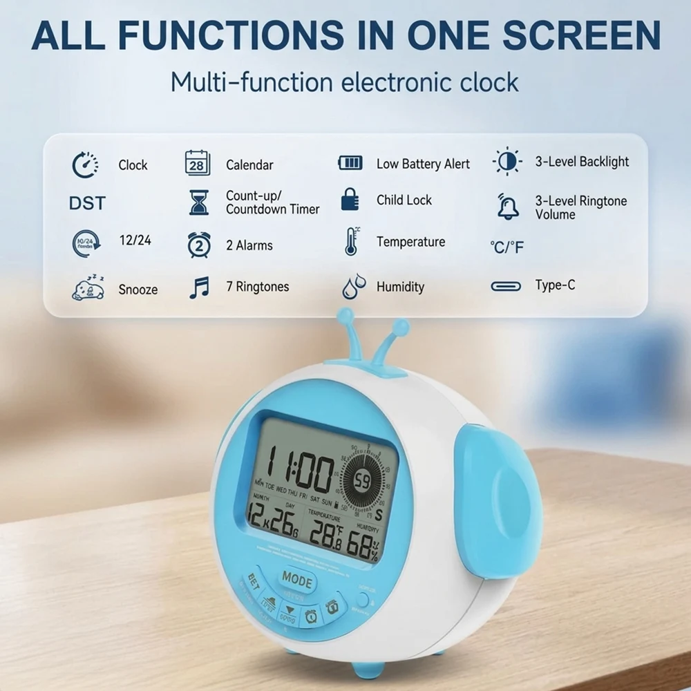 Digital Alarm Clock Temperature Humidity Calendar Countdown Timer Multi-Alarm with Backlight Cute Desk Clock for Girls Boys