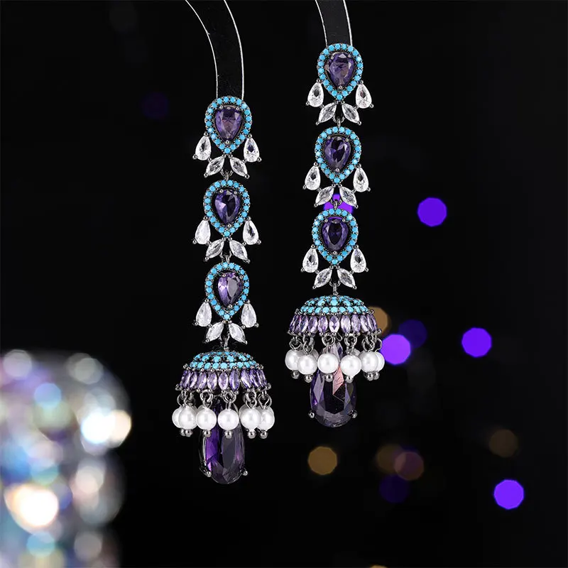 

OKILY Exaggerated Cubic Zircon Drop Earrings Shiny Long Tassel Charming Dangle Earring for Women Bohemia Wind Chime Ear Ring