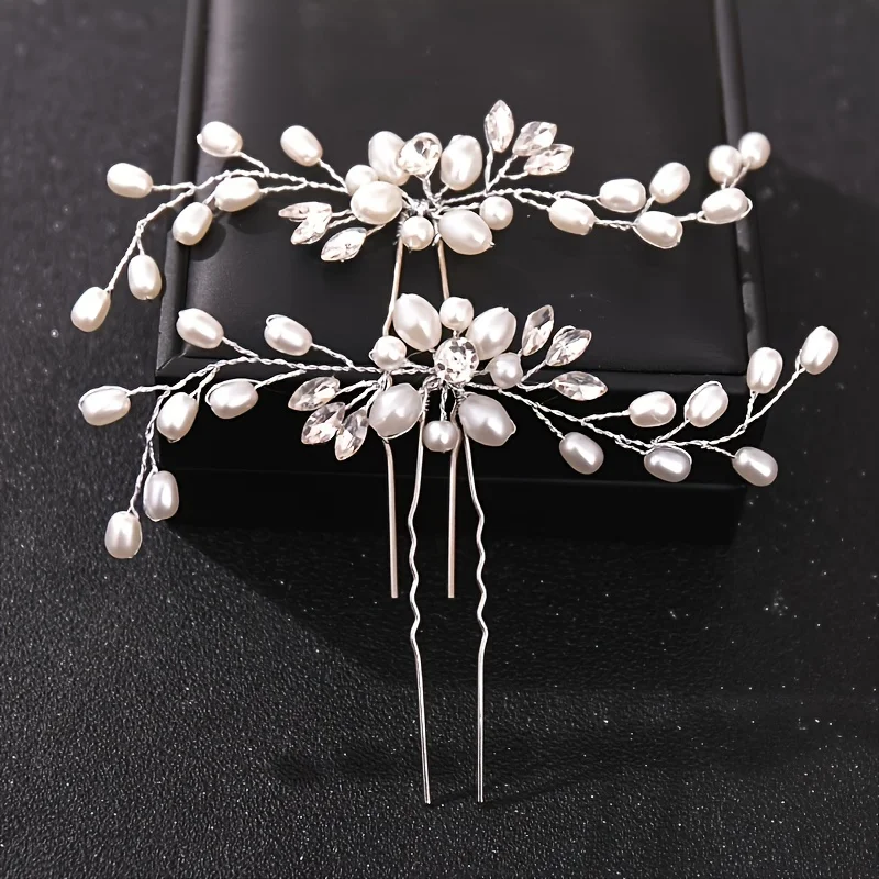 2Pcs Hair Pin Clip Set Crystal Pearl Hair Clip Hairpin For Women Party Bridal Wedding Hair Accessories Jewelry Clip Hairpin Set