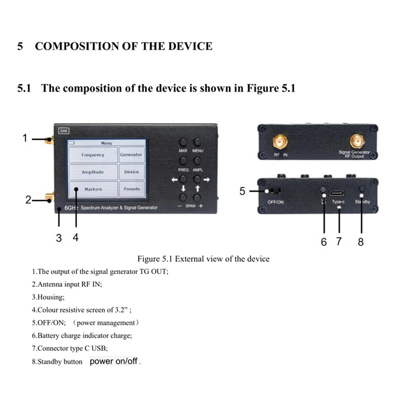 SA6-V2 스펙트럼 분석기 및 신호 발생기, 3.2 인치 컬러 스크린으로 설계된 35-6200Mhz