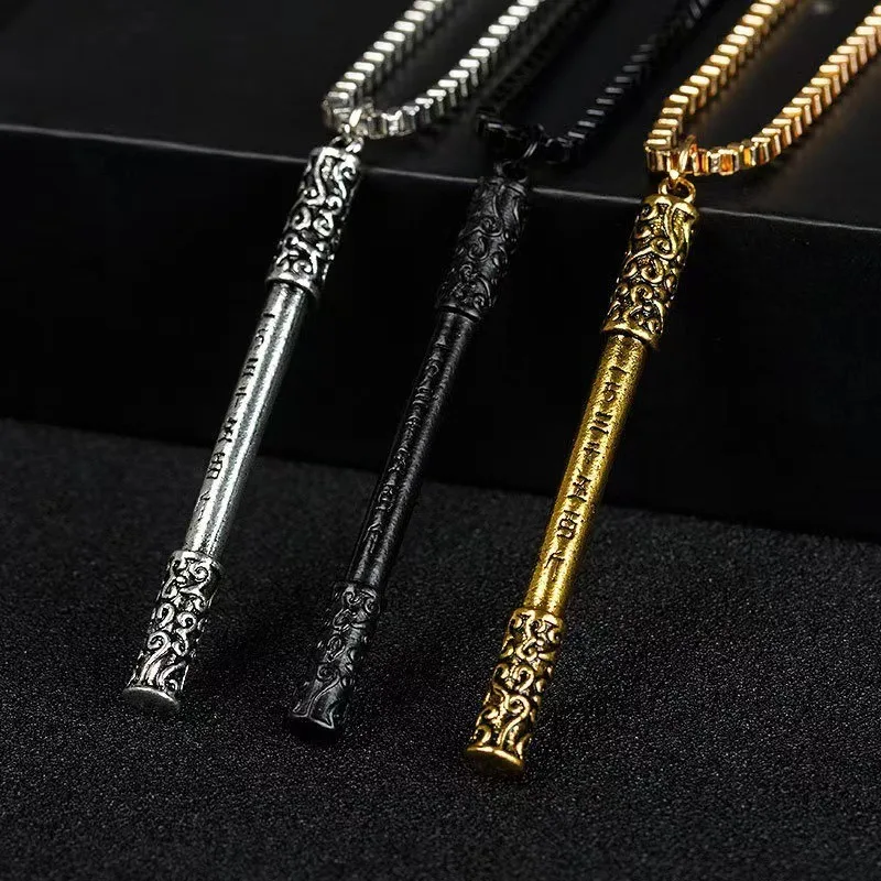 

Monkey King Staff Pendant Necklace Gold Black Silver Wukong Rod Vintage Carved Chain Chinese Myth Jewelry Unisex Gift