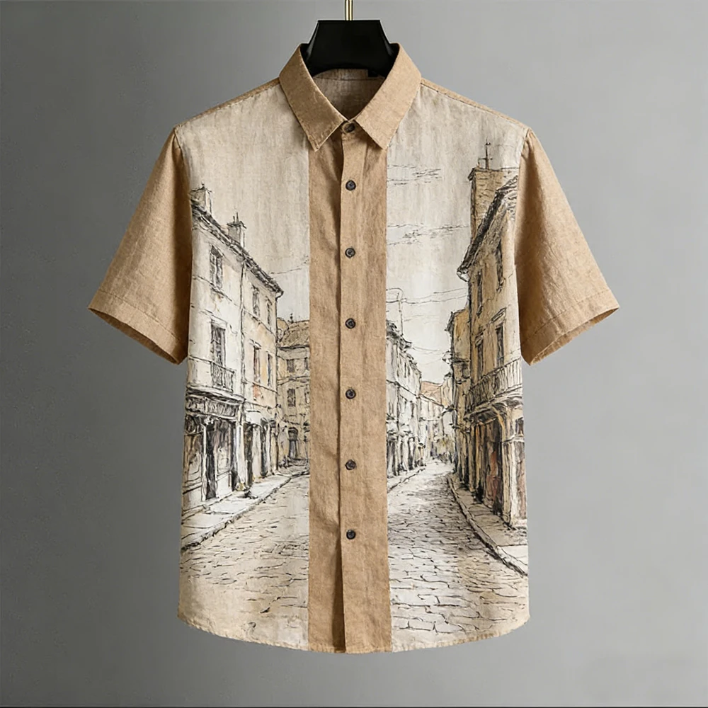 Men's Shirt Tropical Beach Floral Splicing Print Turn‑down Collar Short Sleeve Vacation Party Casual Button Down Men Clothes