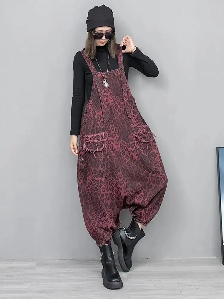 

Print Leopard High Waist Denim Pocket Big Size Overalls Wide Leg Jeans New Women Fashion Spring Autumn 2026 16E2J
