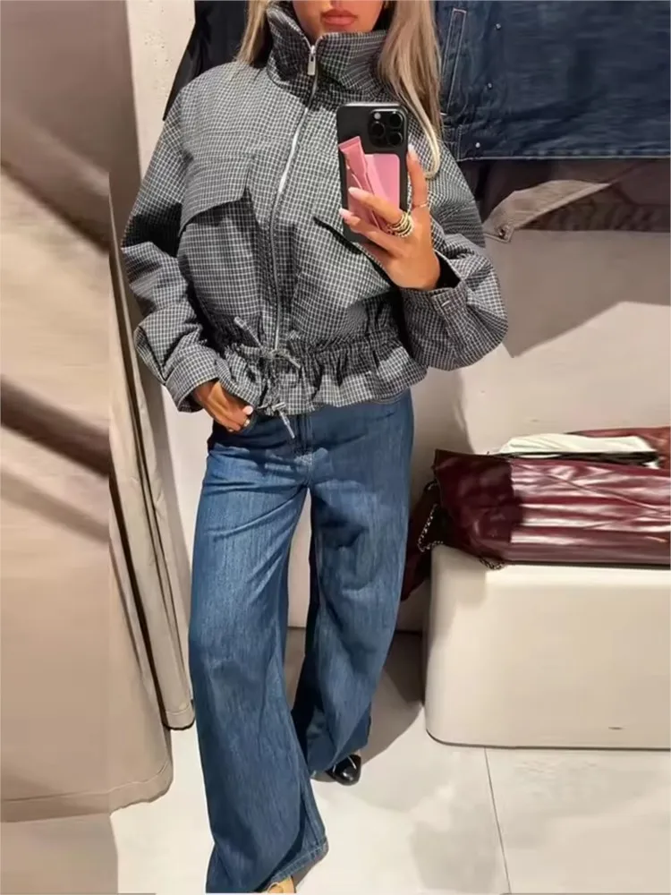 Women's Checked Puffer Jacket New 2026 Autumn Simple High Collar Long Sleeve Woman Jackets Chic Female Coats