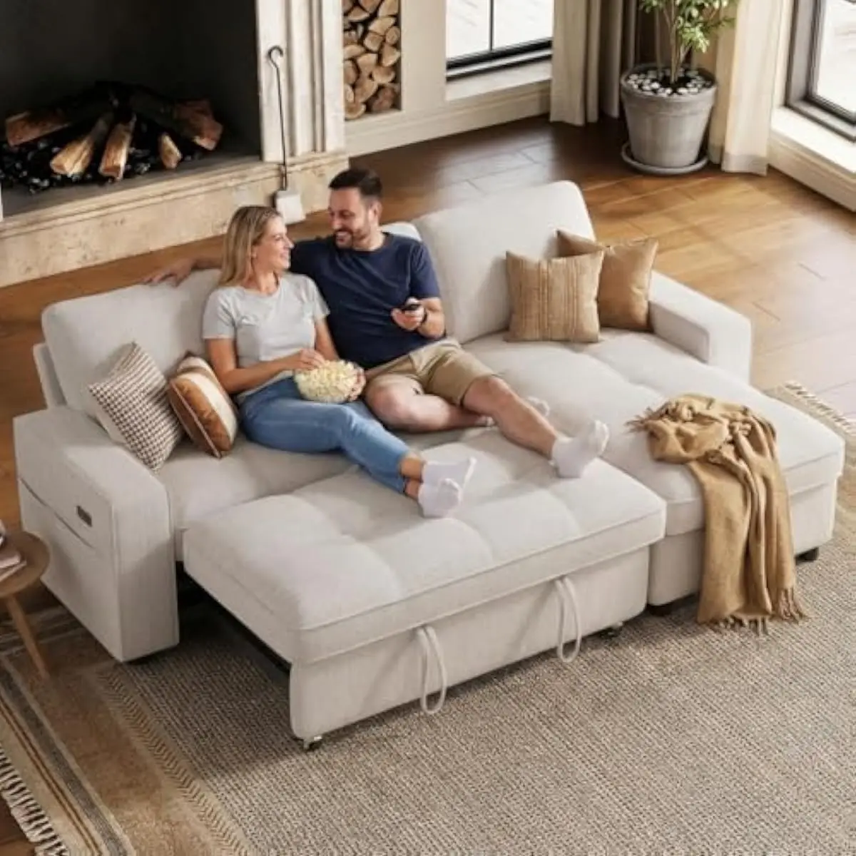 81 inch L-shaped modular sectional sofa bed with chenille upholstery, adjustable backrest, reversible chaise with hidden storage