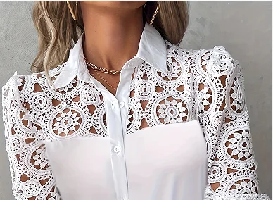 White Lace Hollow Blouses And Shirt For Women Elegant Ladies Office Shirt Long Sleeve Button Tops Fashion Lapel Women\'s Clothing