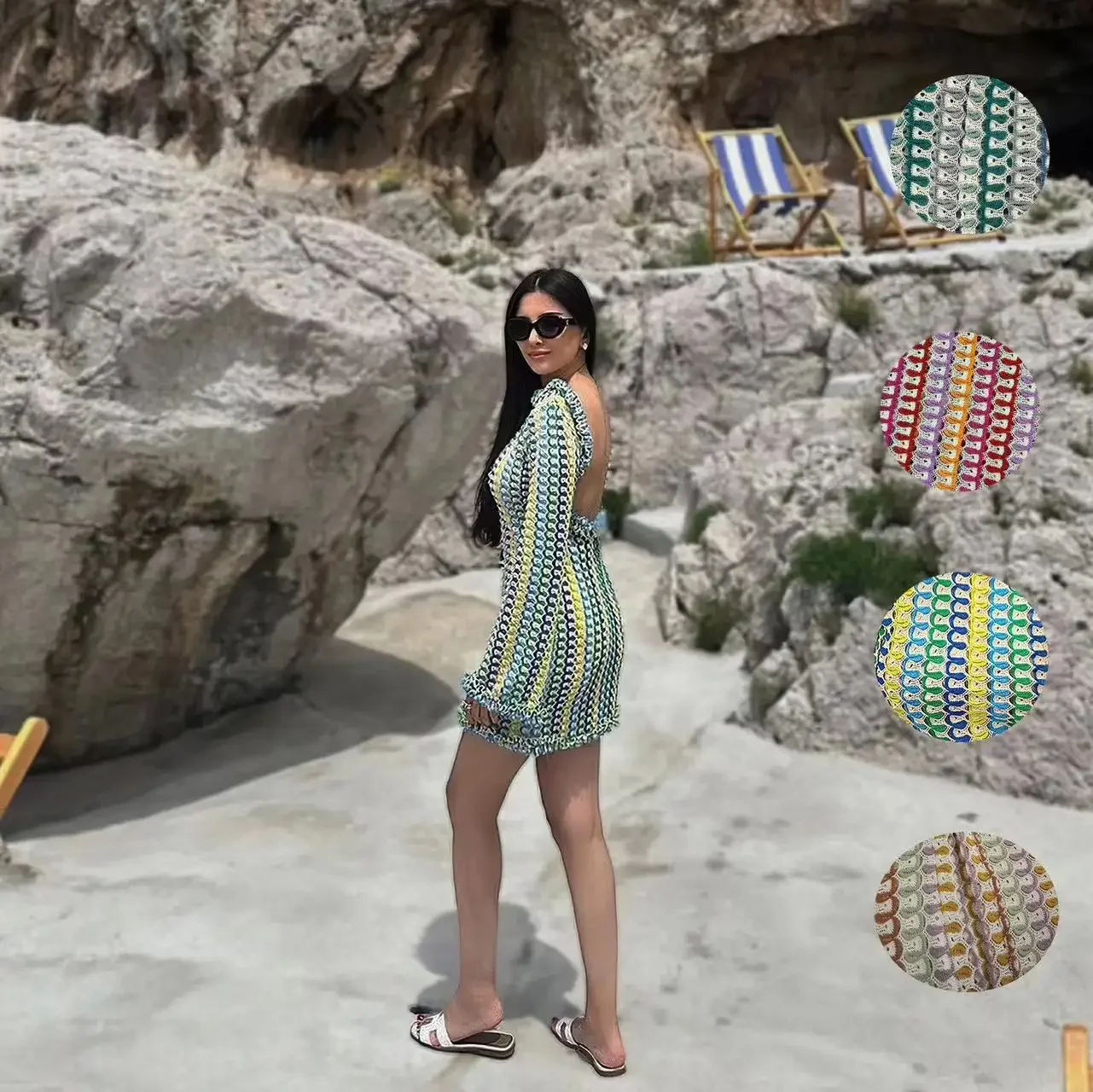 Sexy Summer Backless Lace Knitted Cut Out Short Beach Cover up Dress Women Vacation Beachwear Swimsuit Casual Trendy Clothes