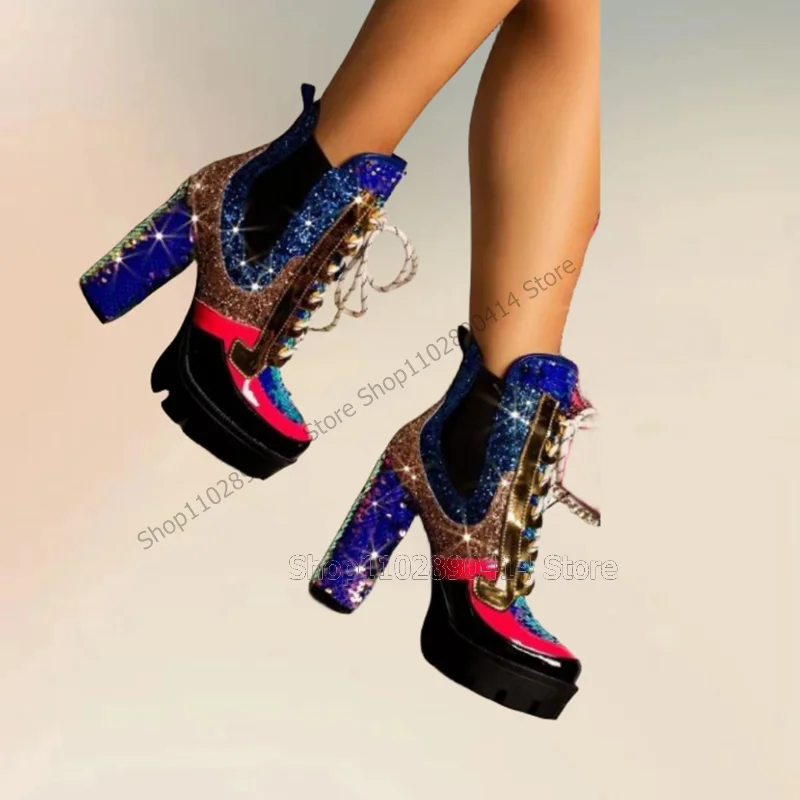 Colorful Sequins Patchwork Round Toe Platform Boots Cross Tied Women Shoes Chunky High Heels Fashion 2023 Zapatos Para Mujere