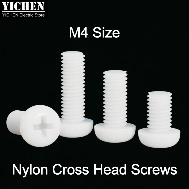 100pcs M4 Nylon Screw PA66 Plastic Pan Head Phillips Screws White Insulation Bolts Fasteners M4x6 8 10 12 15 20 25 30 40 mm